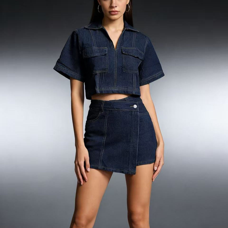 Damen modisches cropped Hemd mit aufgesetzten Taschen und lässigen Shorts EB