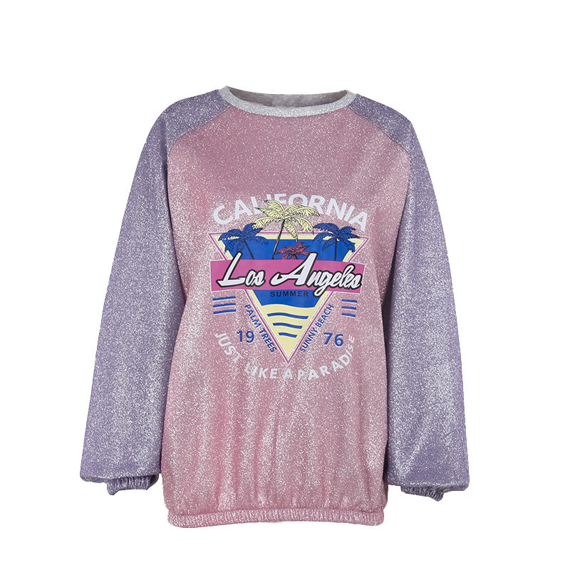 Damen Glitzerndes Oversize-Sweatshirt mit Raglanärmeln und Retro-Los-Angeles-Print EB