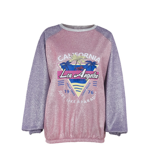 Damen Glitzerndes Oversize-Sweatshirt mit Raglanärmeln und Retro-Los-Angeles-Print EB