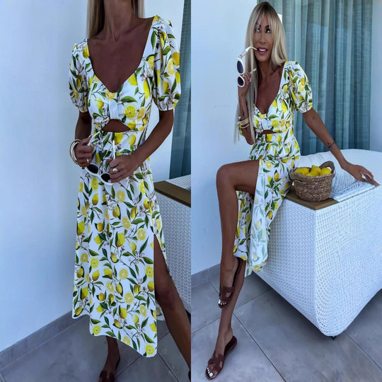 Damen Maxi Kleid mit Fruchtmotiv und Cut-Out-Details EB