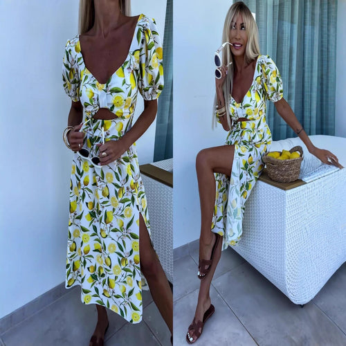 Damen Maxi Kleid mit Fruchtmotiv und Cut-Out-Details EB