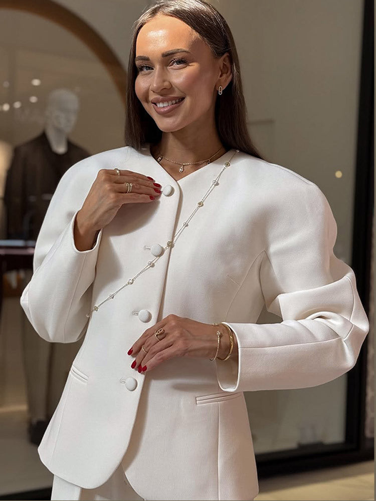 Damen Elegante Blazerjacke mit modischen Puffärmeln und dekorativem Knopfdesign EB