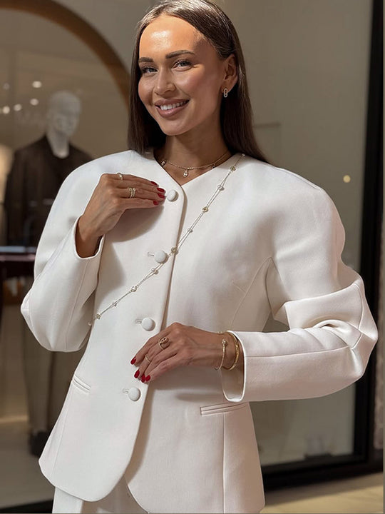Damen Elegante Blazerjacke mit modischen Puffärmeln und dekorativem Knopfdesign EB