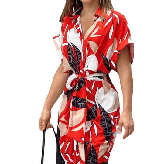 Damen Wickelkleid mit buntem Blattmuster und modischem Taillengürtel EB