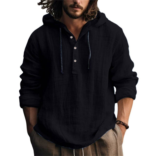 Herren nan Leichtes Kapuzenhemd im Leinenlook mit Henley-Knopfleiste EB
