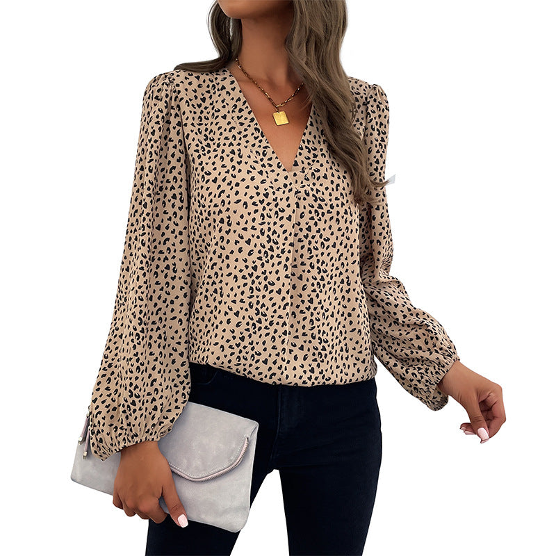 Damen Elegante Bluse mit Leoprint und voluminösen Ärmeln EB