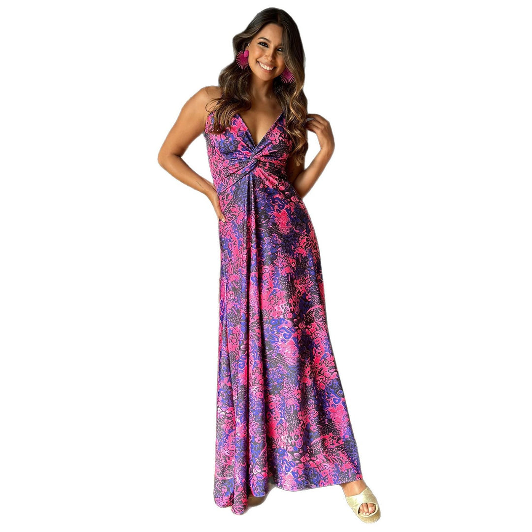 Damen Maxikleid mit tiefem V-Ausschnitt und kreativem Wickeldetail EB