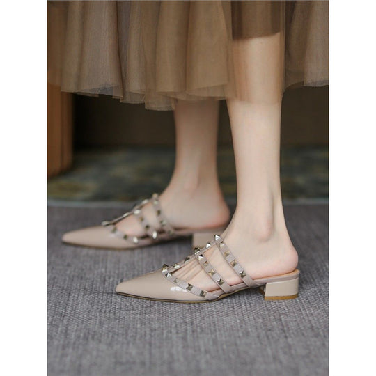 Damen Mules mit dekorativen Riemen und komfortablem Blockabsatz EB