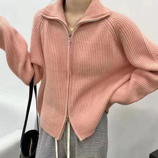 Damen Strickjacke mit hohem Kragen und durchgehendem Reißverschluss EB