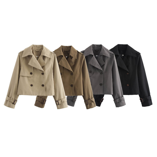 Damen modische cropped Trenchjacke mit doppeltem Knopfverschluss EB