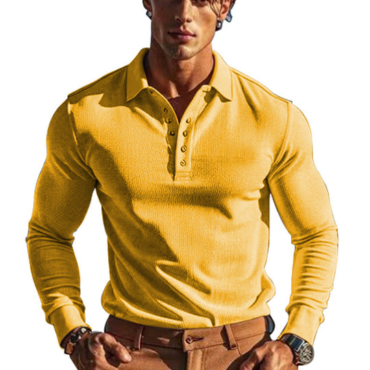 Herren nan körperbetontes Langarm-Henley-Poloshirt aus feiner Rippenstruktur EB