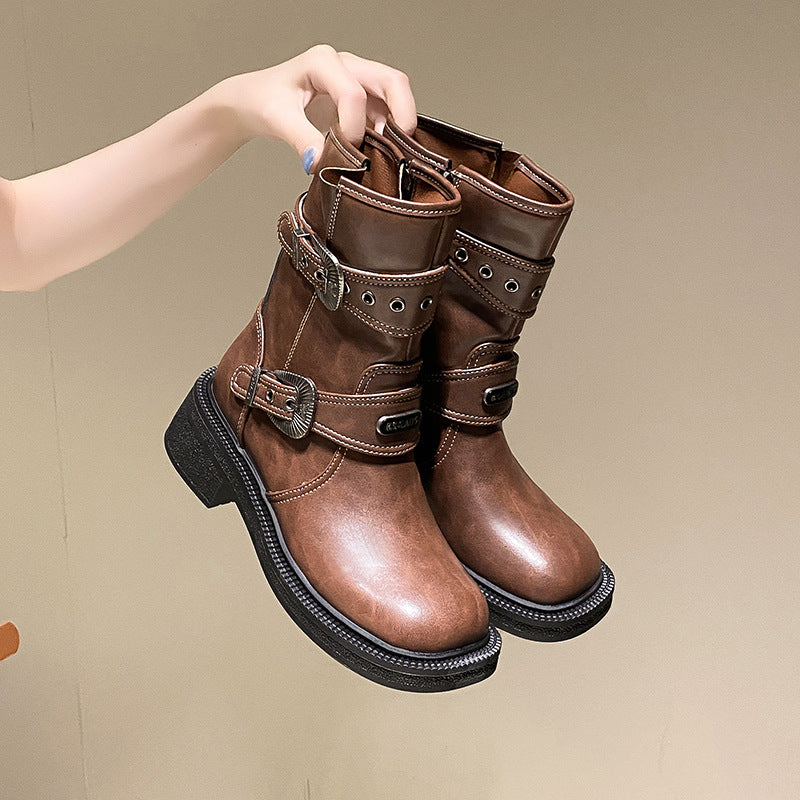Damen modische Stiefel mit dekorativen Schnallen und robustem Profil EB