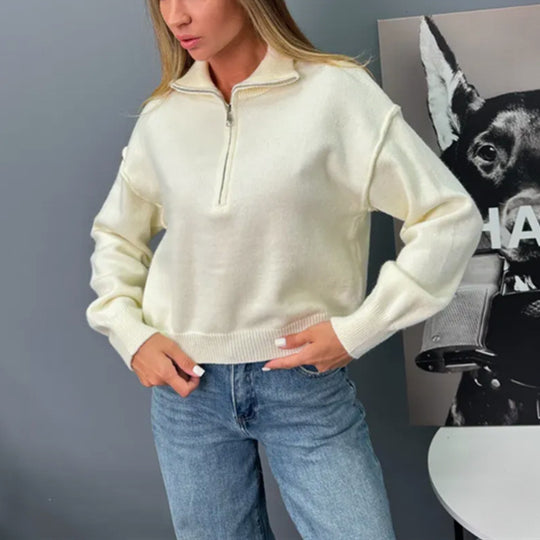 Damen modischer Sweater mit halbem Reißverschluss und weiten Ärmeln EB
