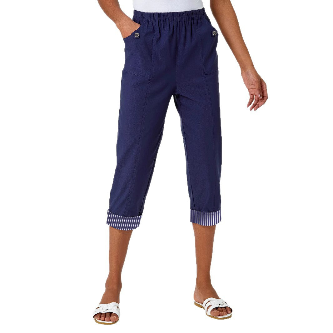 Damen Cropped Capri-Hose mit elastischem Bund, aufgesetzten Taschen und kontrastiertem Umschlag EB