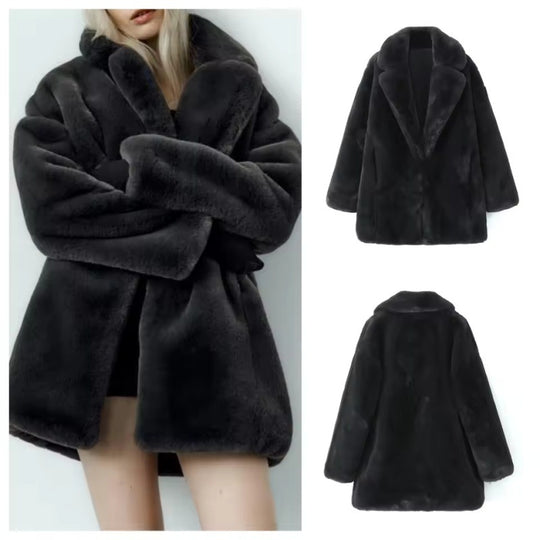 Damen Flauschiger Oversized-Kunstpelzmantel mit tiefem Revers EB