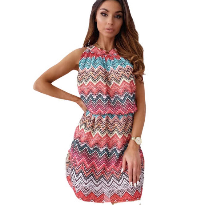 Damen Neckholder Minikleid mit zigzag-muster und luftiger Passform EB