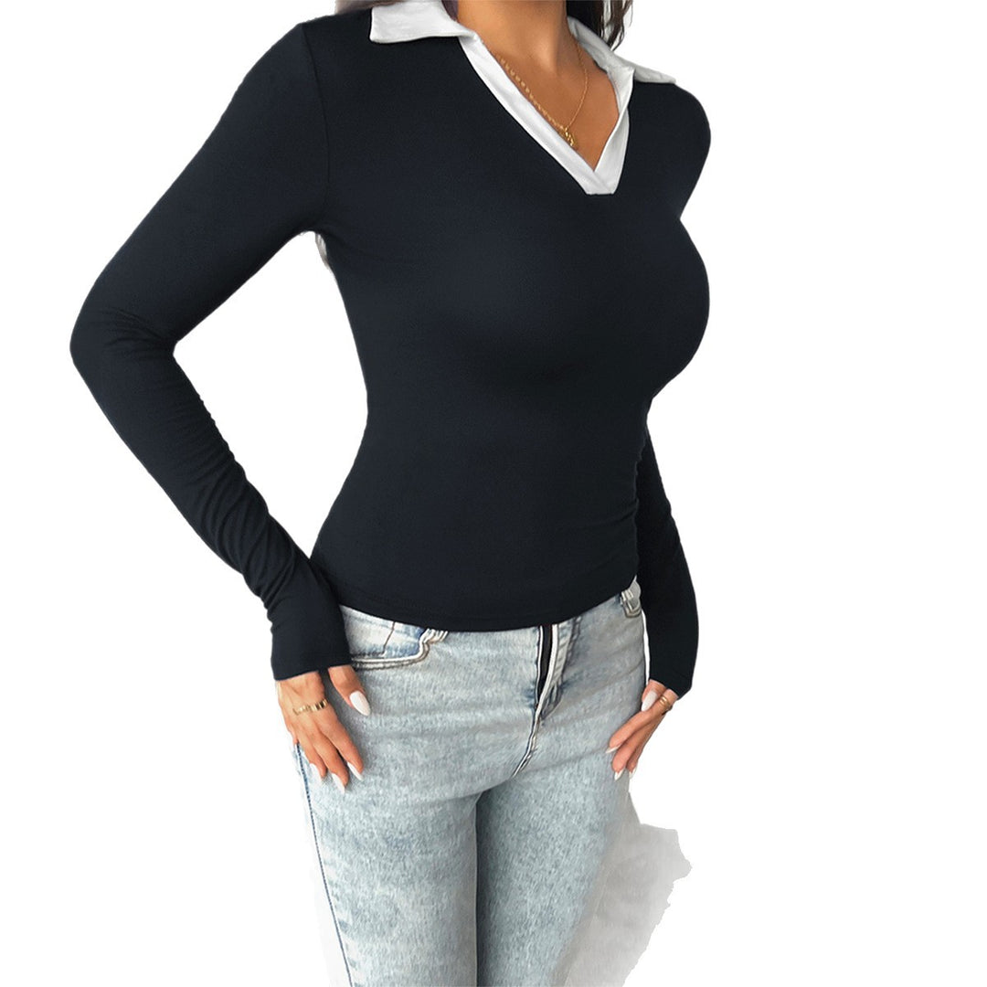 Damen nan tailliertes Longsleeve mit kontrastpolokragen und tiefem V-Ausschnitt EB