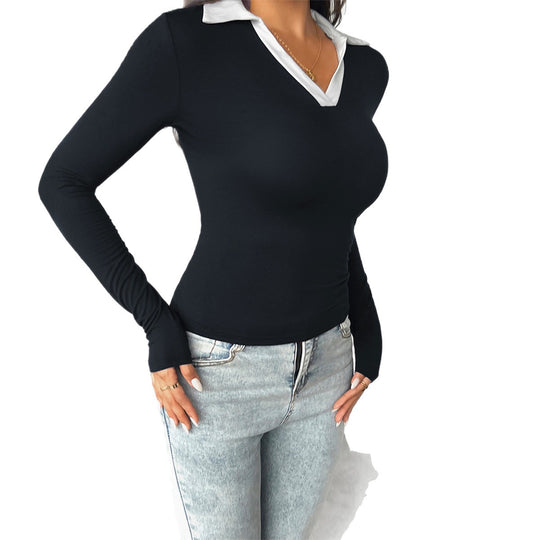 Damen nan tailliertes Longsleeve mit kontrastpolokragen und tiefem V-Ausschnitt EB