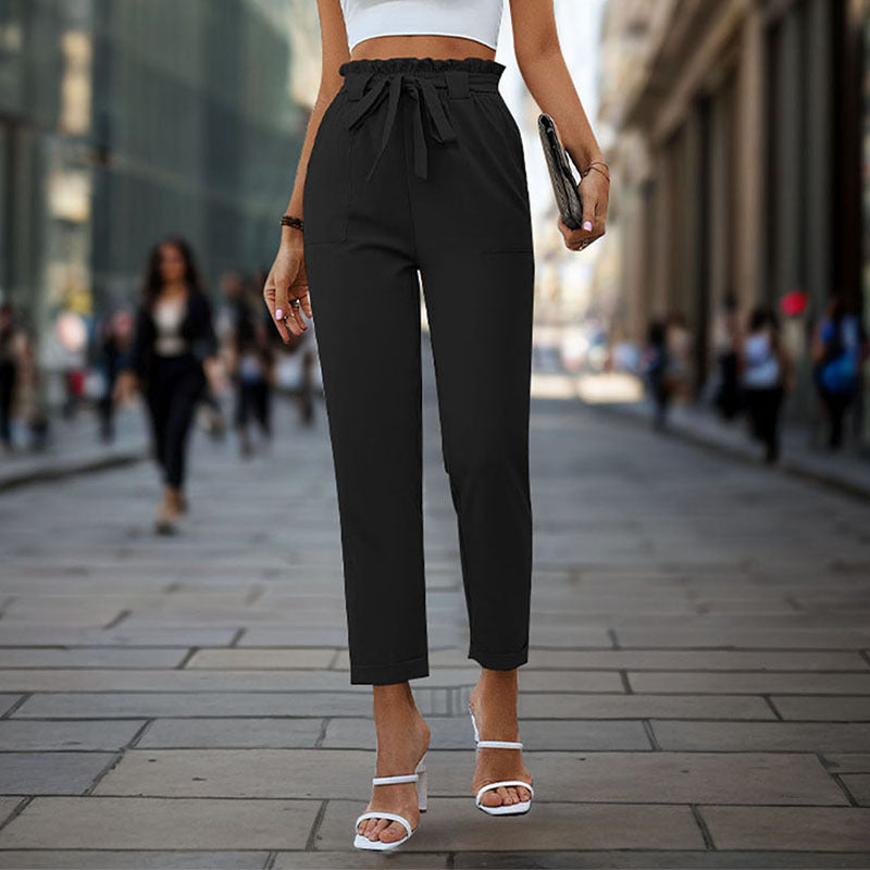 Damen elegante Chino-Hose mit hohem Bund und Taillenzug EB