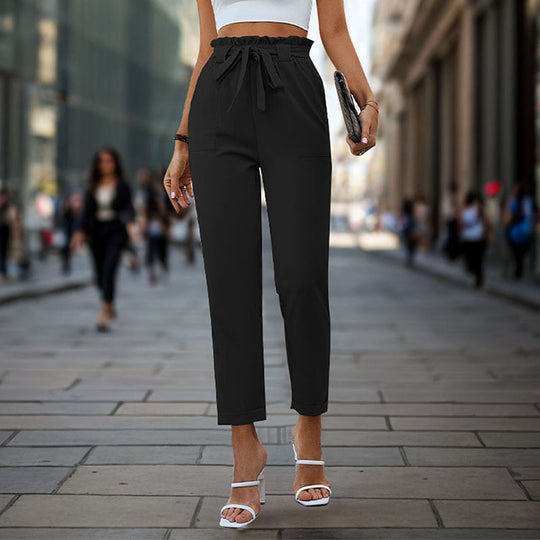 Damen elegante Chino-Hose mit hohem Bund und Taillenzug EB