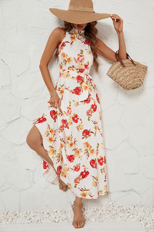 Damen Maxikleid mit hochgeschlossenem Design und floralem Gürtel EB