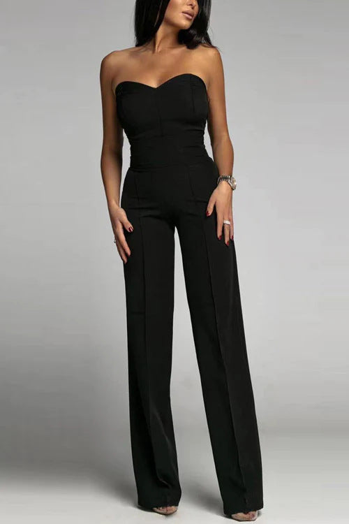 Damen eleganter Jumpsuit mit schulterfreiem Design und weitem Bein EB