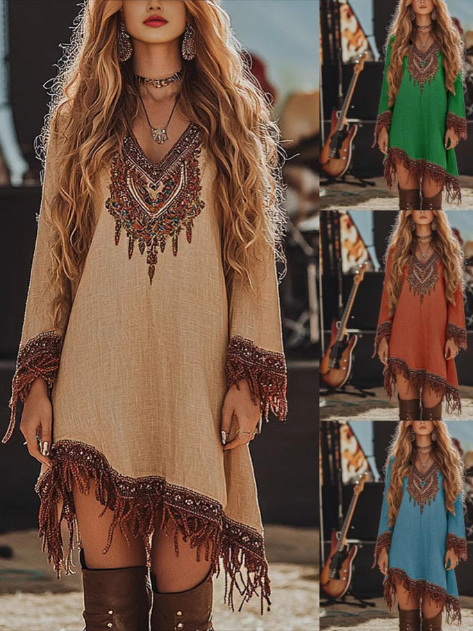 Damen Festival-Kleid mit kunstvollem Stickdesign und Fransen EB