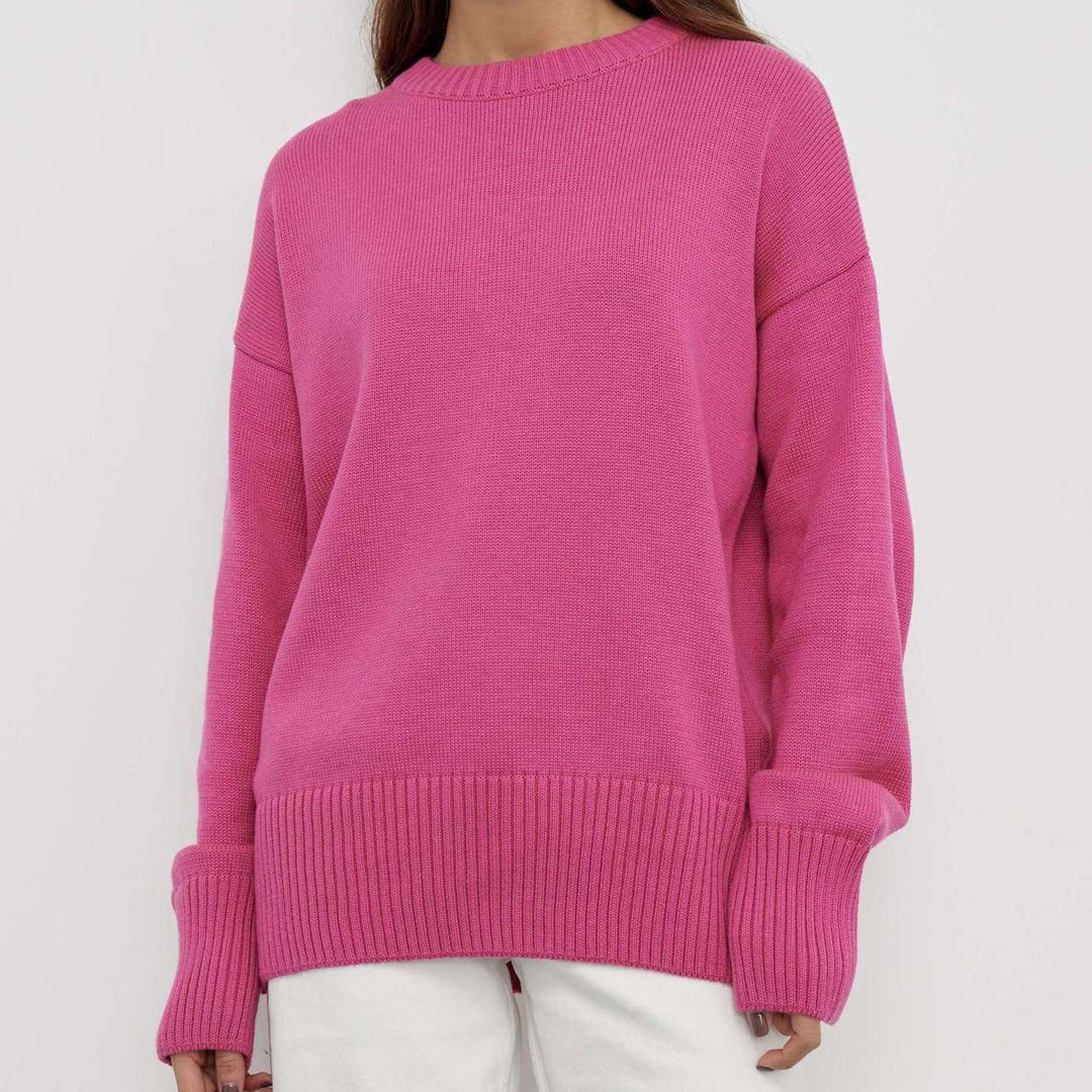 Damen Oversized Pullover mit feinem Strickmuster und breiten Bündchen EB