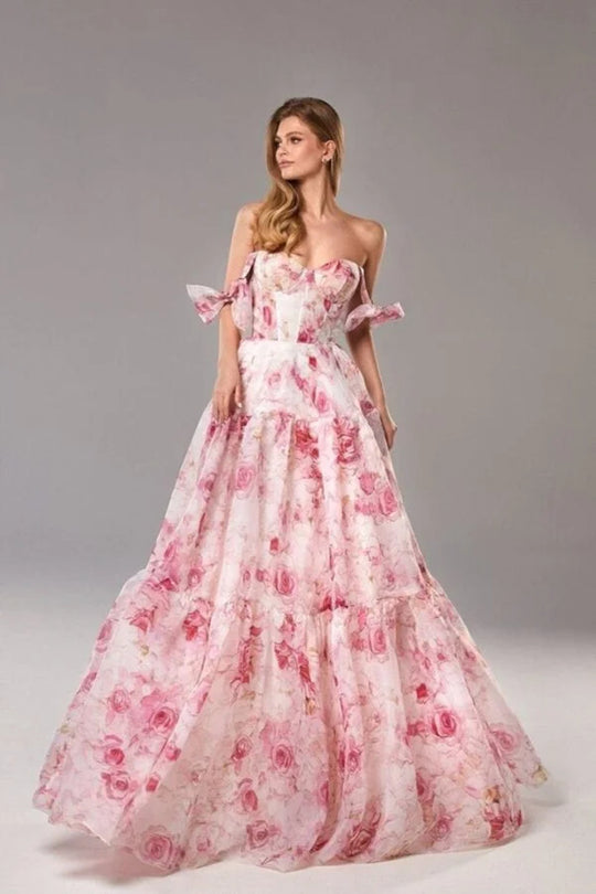 Damen Elegantes Maxikleid mit floralen Details und Rüschenträgern EB