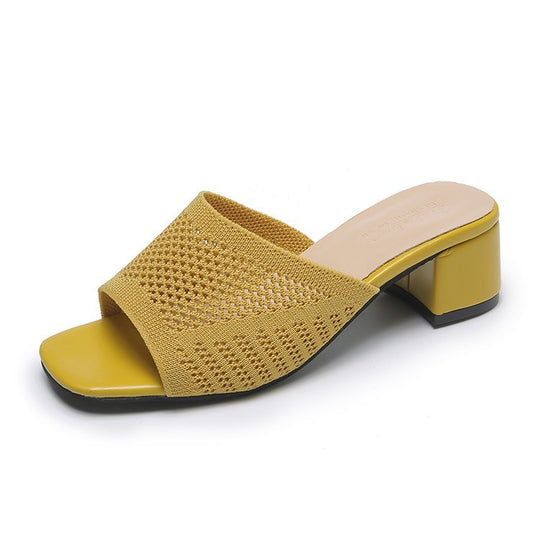Damen nan gestrickte Sommermule mit niedrigem Blockabsatz und quadratischer Zehenform EB