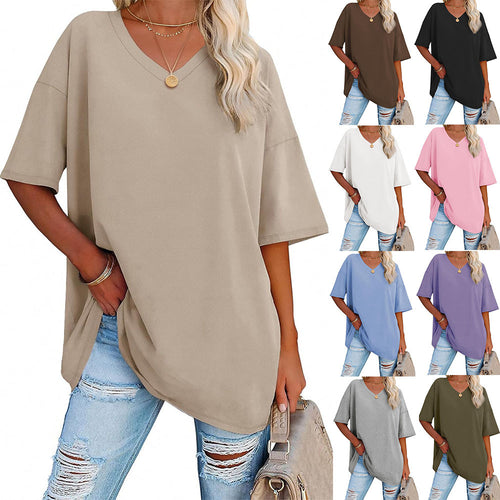 Damen Oversized T-Shirt mit V-Ausschnitt und seitlichen Schlitzen EB