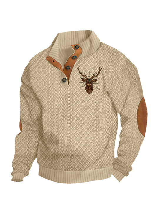 Herren nan Heritage-Strukturpullover mit Stehkragen Lederimitat-Besatz Ellenbogen-Patches und Halbknopfleiste EB