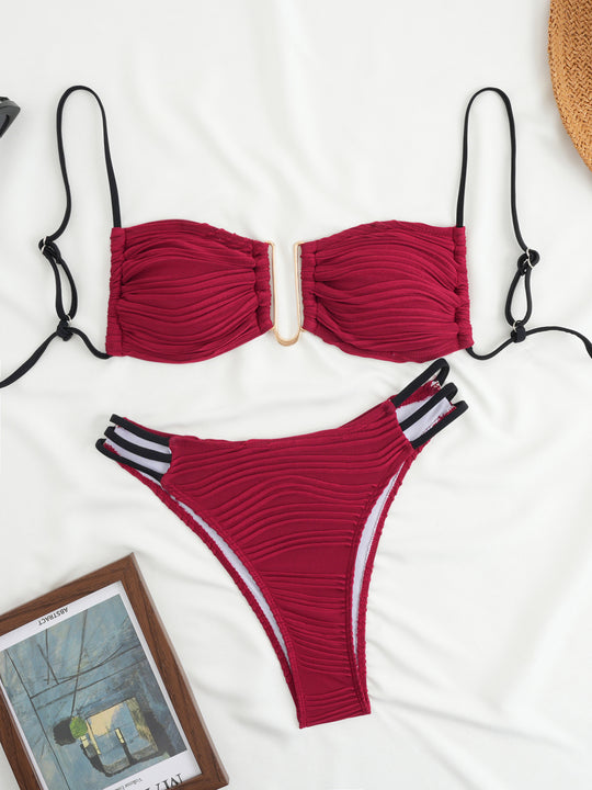 Damen Bandeau-Bikini mit raffiniertem Falten-Design und seitlichen Bindebändern EB