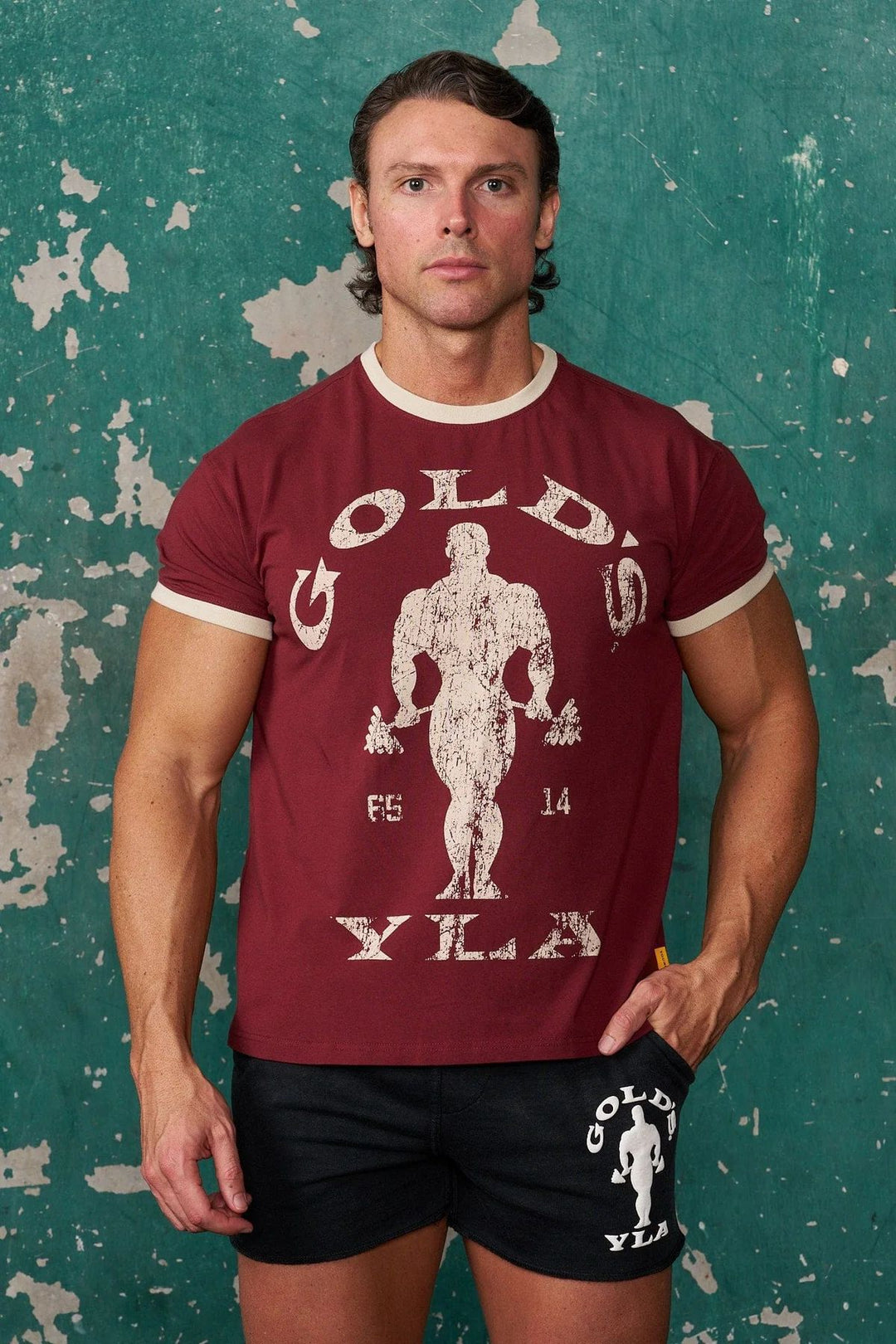 Herren nan Vintage Trainingsshirt mit Rundhalsausschnitt Kontrastbündchen und Retro-Bodybuilding-Druck EB