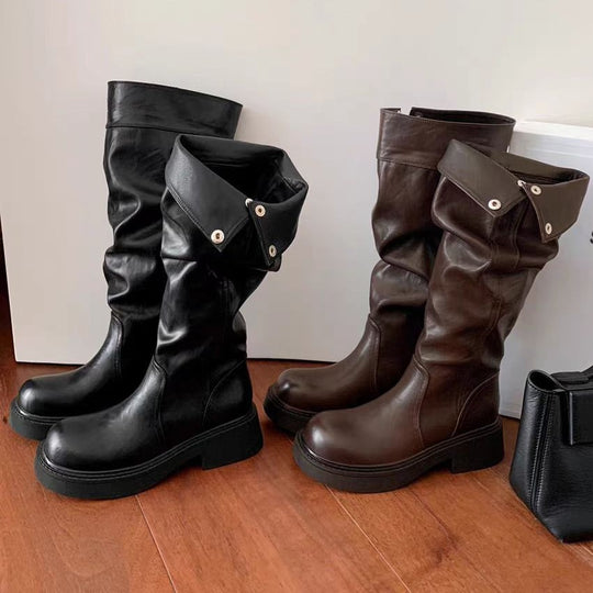 Damen Overknee-Stiefel mit elastischem Falten-Design und robustem Blockabsatz EB