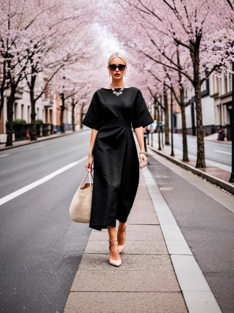 Damen elegantes Midikleid mit breitem Taillengürtel und weiten Ärmeln EB