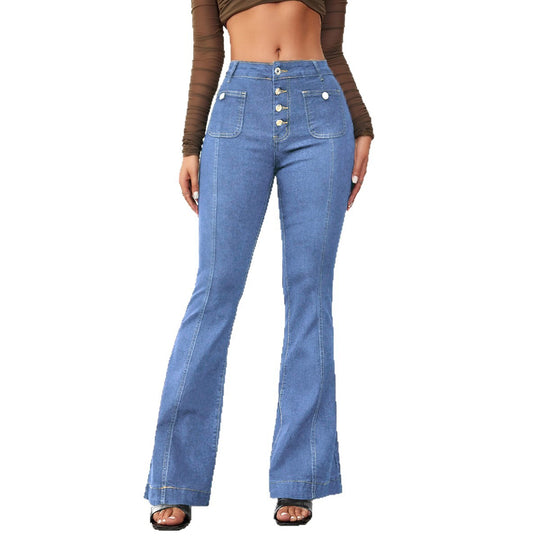 Damen Flared Jeans mit hohem Schnitt und eleganten Knopfdetails EB