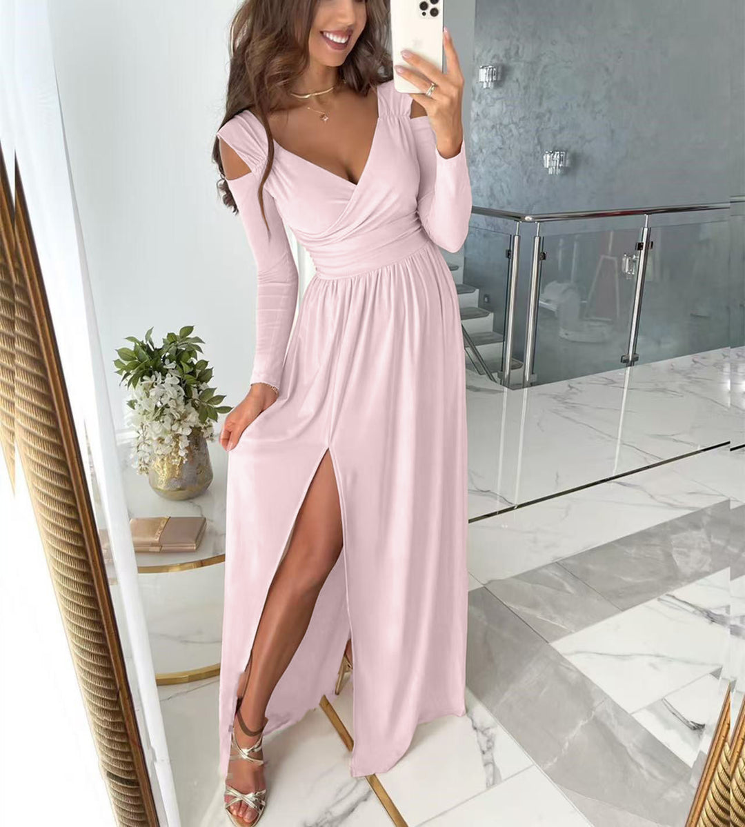 Damen elegantes Maxikleid mit raffiniertem V-Ausschnitt und schickem Beinschlitz EB