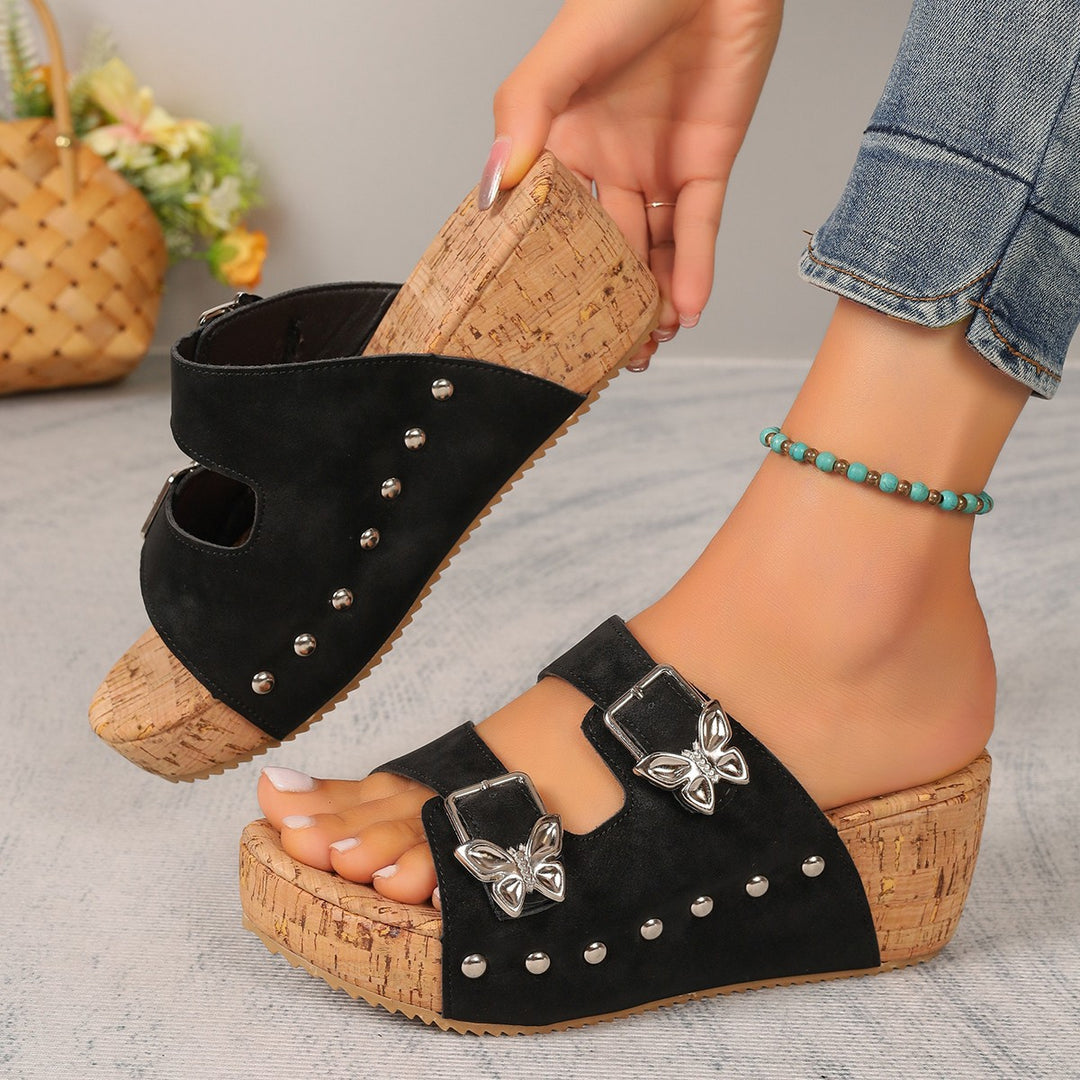 Damen Wedge-Pantoletten mit dekorativen Schnallen und elegantem Korkabsatz EB