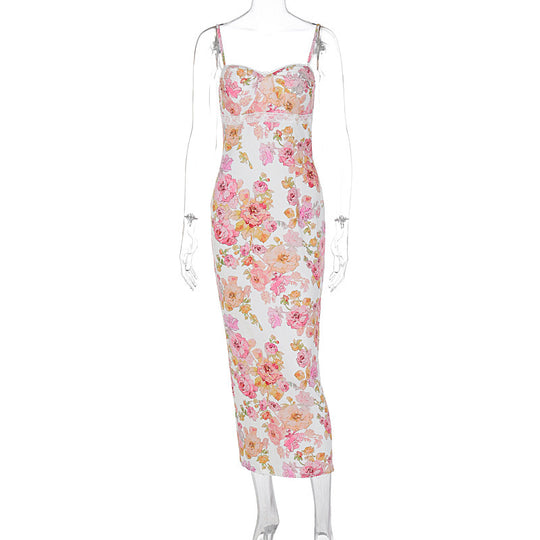 Damen Blütenmaxikleid mit verstellbaren Trägern und figurbetontem Schnitt EB