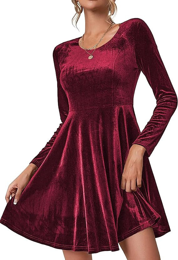 Damen Elegantes Samtkleid mit geschwungenem Saum und langen Ärmeln EB