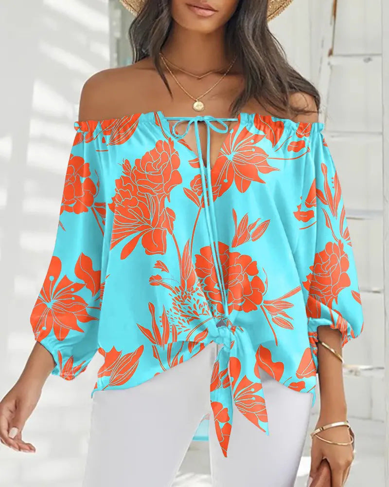 Damen Off-Shoulder Bluse mit floralem Design und Bindegürtel EB