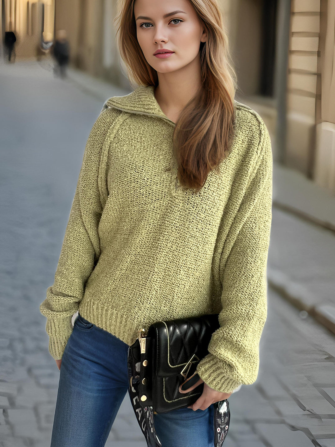 Damen lässiger Zip-Pullover mit oversized Schnitt und hohem Kragen EB
