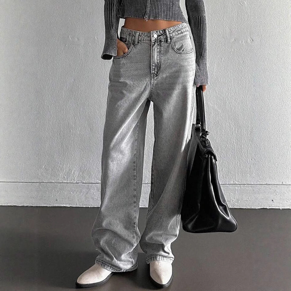 Damen weite Jeans im lässigen Vintage-Design mit hoher Taille und beständigem Stoff EB