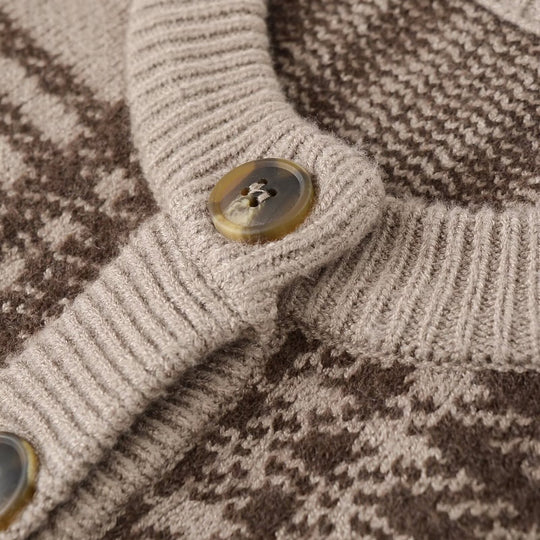 Damen Karierte Strickjacke mit Knopfleiste und Rundhalsausschnitt EB