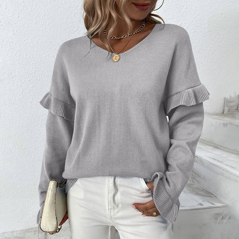 Damen eleganter Pullover mit Rüschendetails und V-Ausschnitt EB