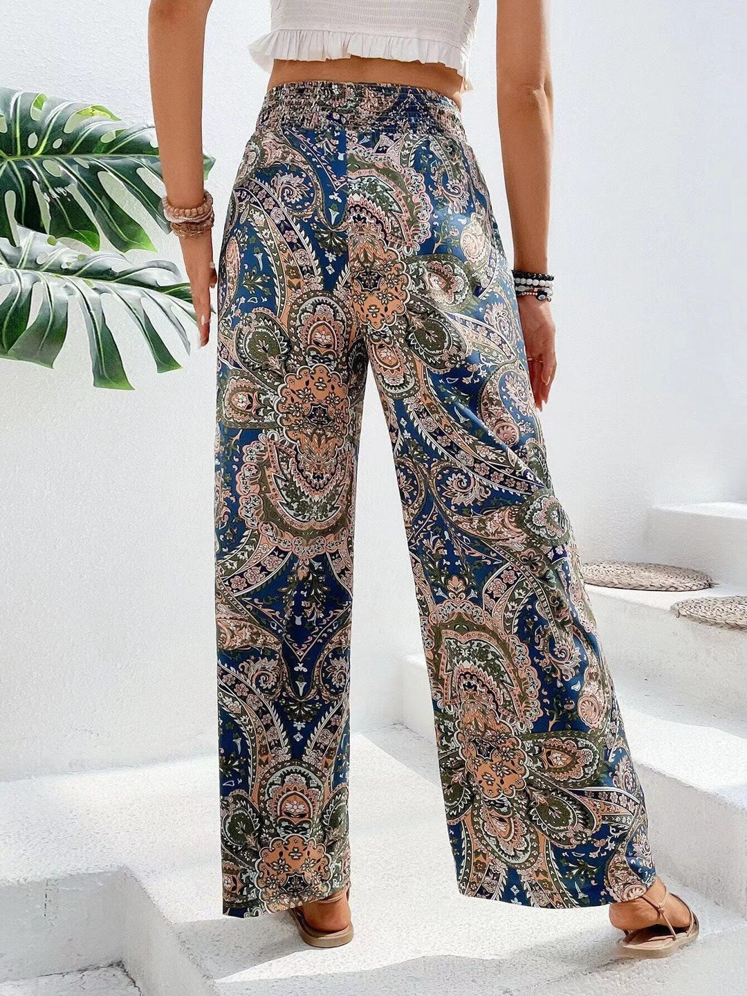 Damen weite Palazzo-Hose mit elastischem Bund und paisley Muster EB