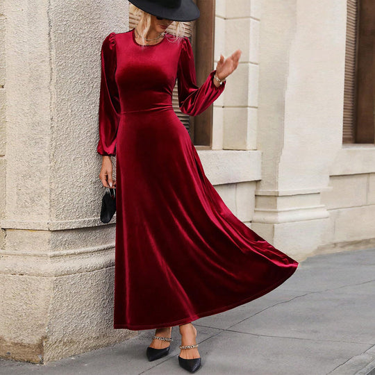Damen elegantes Samt-Maxikleid mit taillierter Corsage, langen Ballonärmeln und fließender A-Linien-Rock Eichborn Berlin