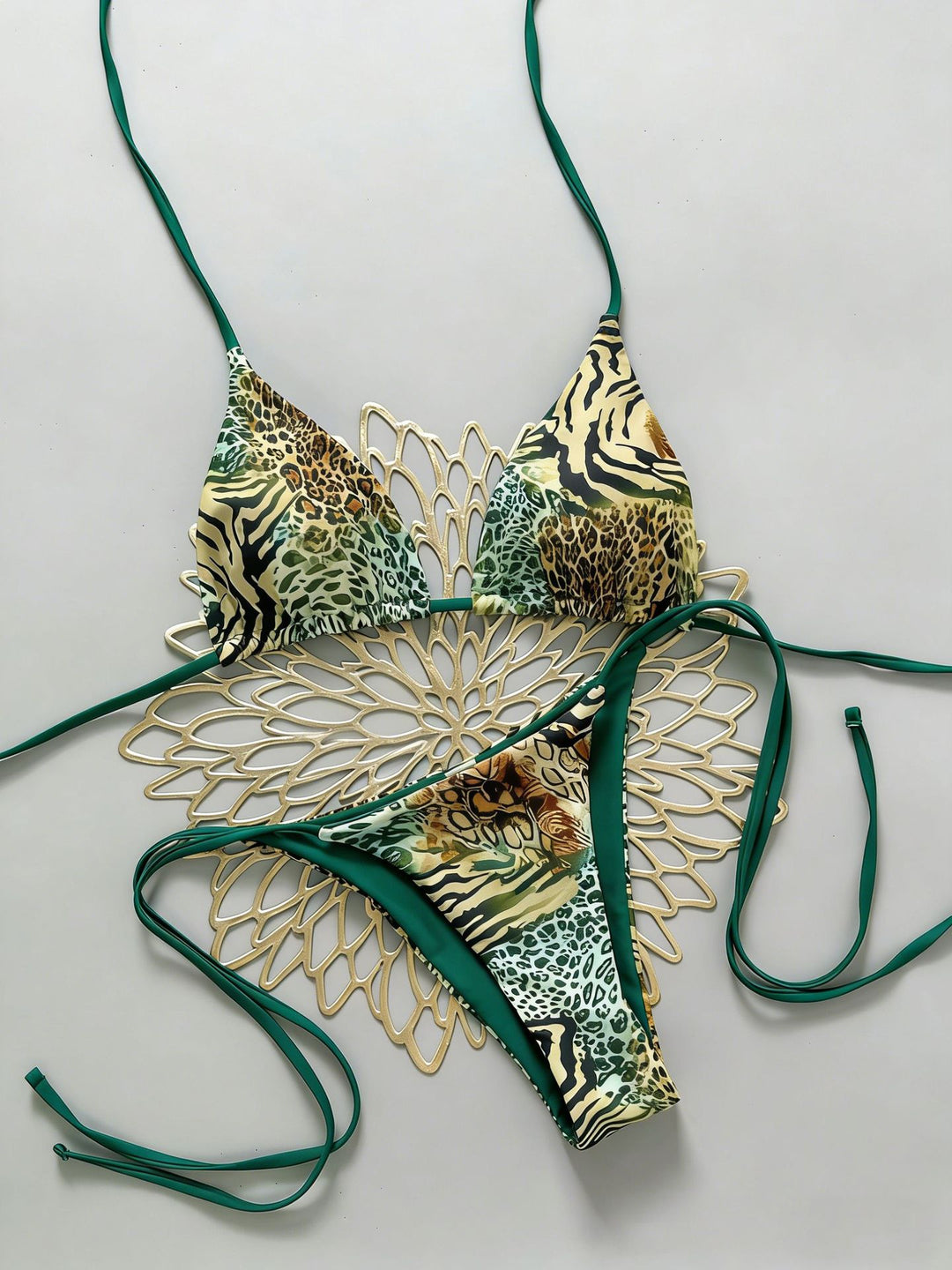 Damen Triangel Bikini mit animalischem Muster und verstellbaren Bändern EB