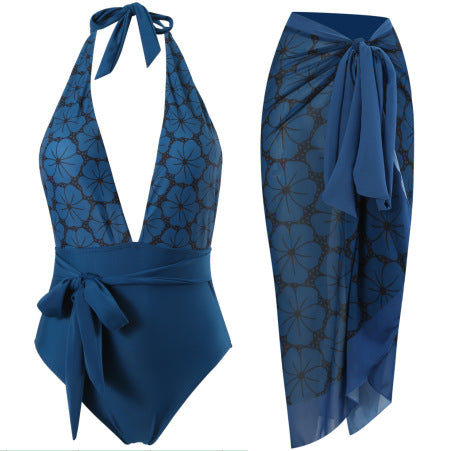 Damen eleganter Einteiler Badeanzug mit floralem Wickelrock EB